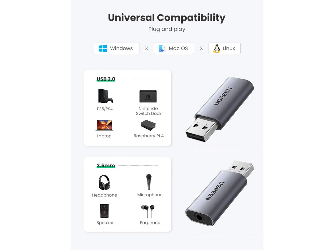 محول صوت من USB إلى 3.5 ملم (ميكروفون + سماعة رأس) من uGreen CM383-80864 محول صوت من USB إلى 3.5 ملم (ميكروفون + سماعة رأس) من uGreen CM383-80864